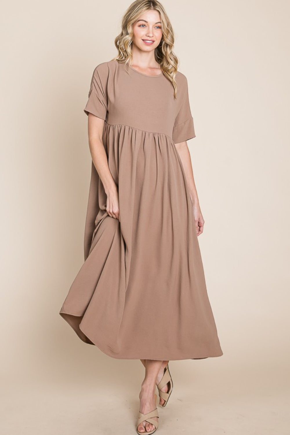 Chic BOMBOM Round Neck Ruched Midi Dress - Versatile Fashion