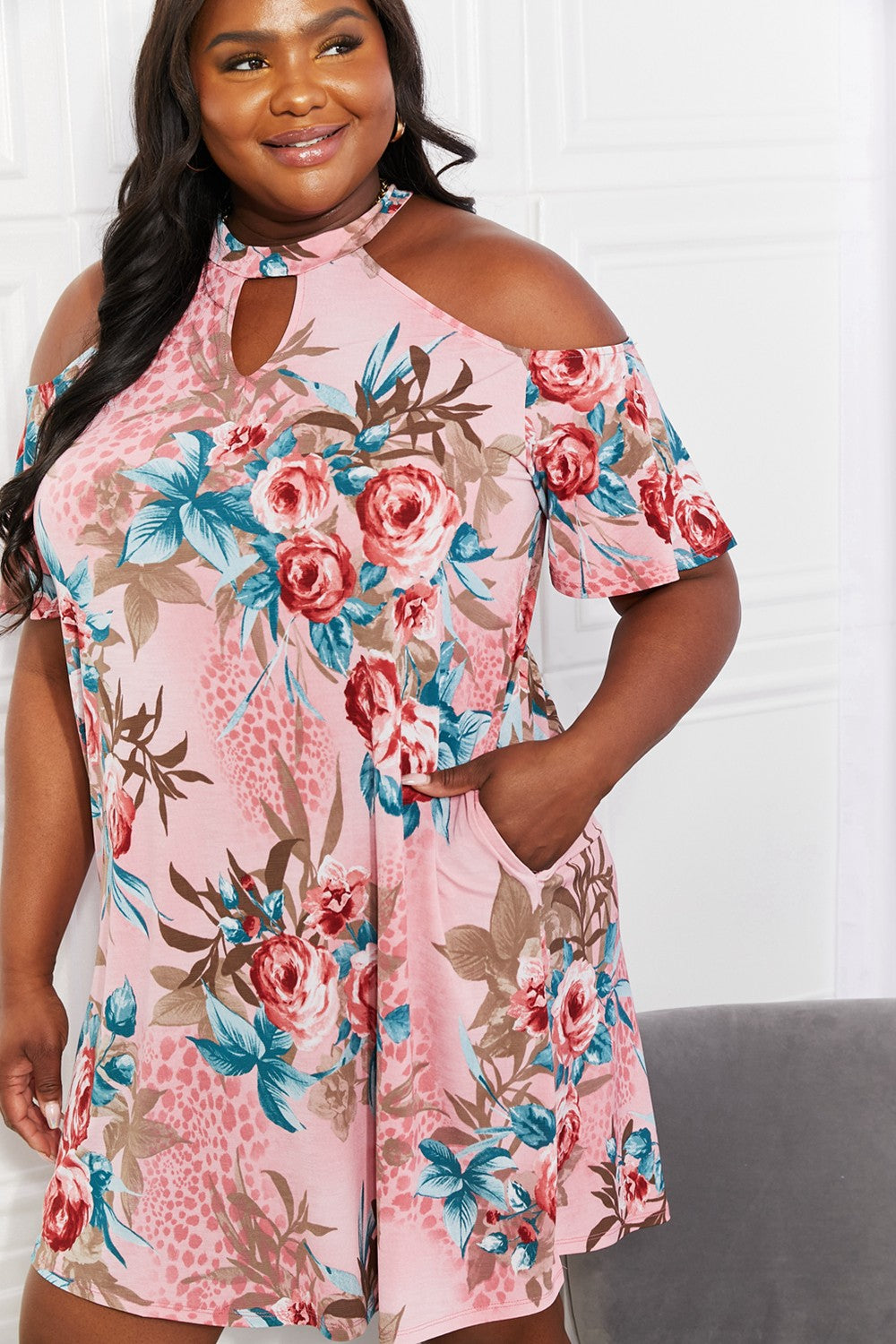 Sew In Love Full Size Tropical Floral Cold-Shoulder Midi Dress – Comfort & Style