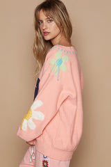 POL V-Neck Long Sleeve Bohemian Sweater with Floral Fringe - Chic Knitwear