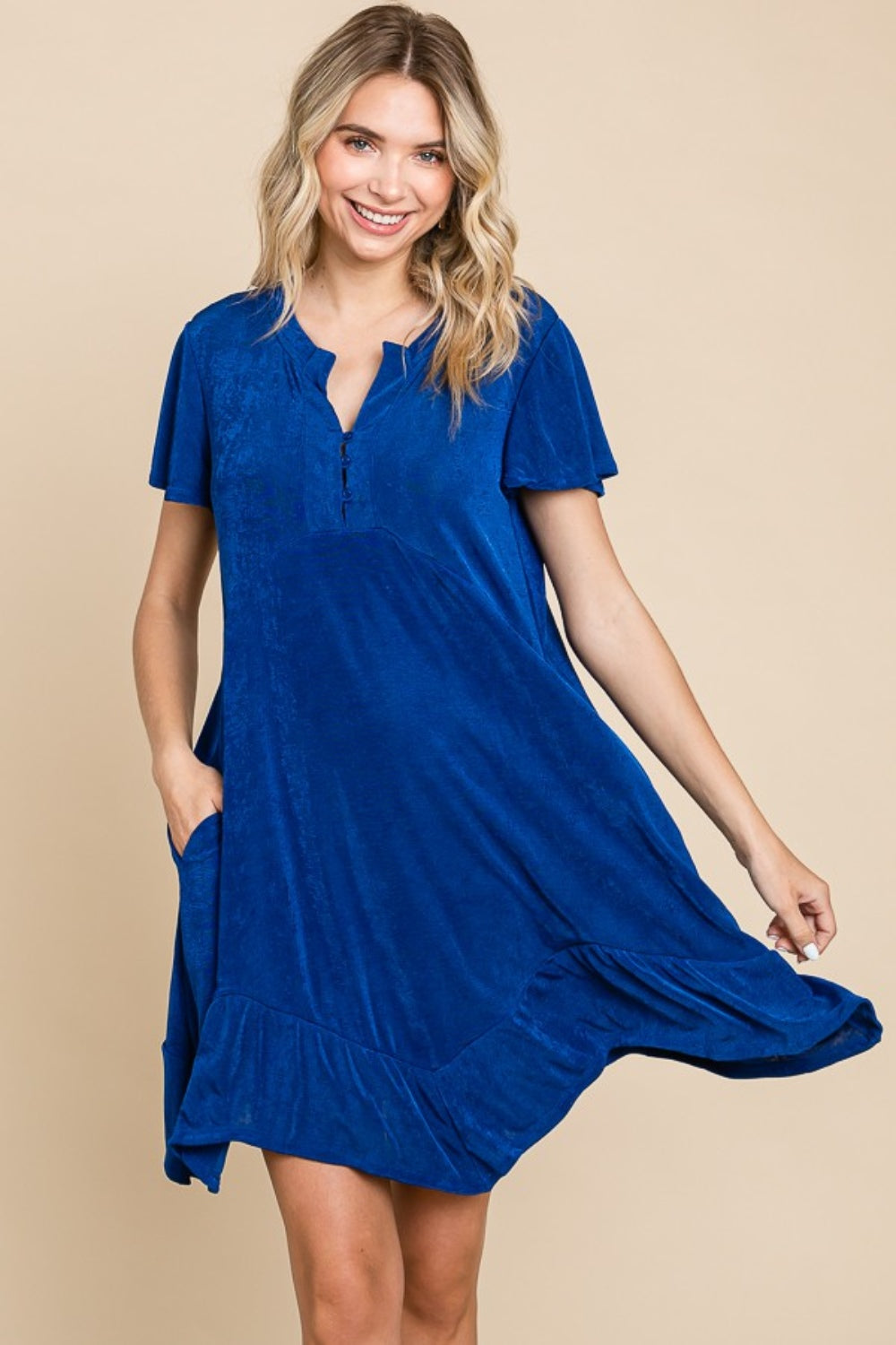 Culture Code Women's Ruffled Asymmetric Hem Short Sleeve Dress with Notched Neckline
