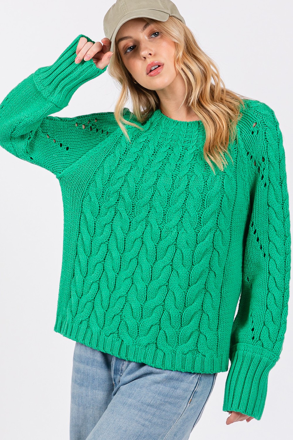 SAGE + FIG Women's Oversized Cable-Knit Long Sleeve Sweater with Ribbed Cuffs
