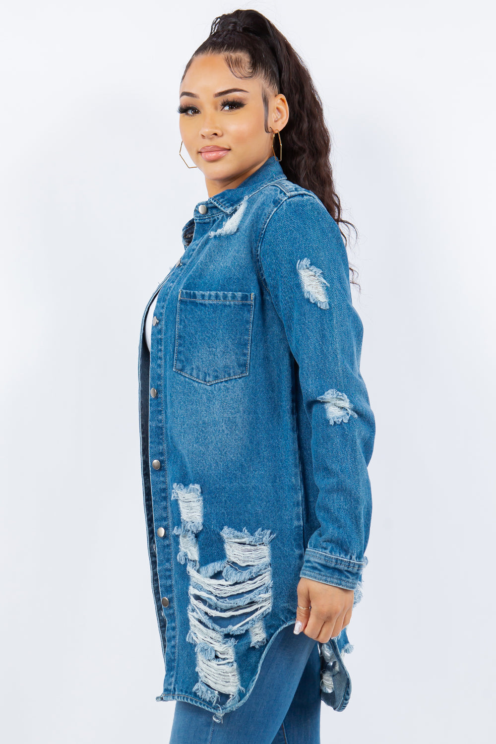 American Bazi Women's Distressed Long Sleeve Denim Jacket - Trendy Button-Up