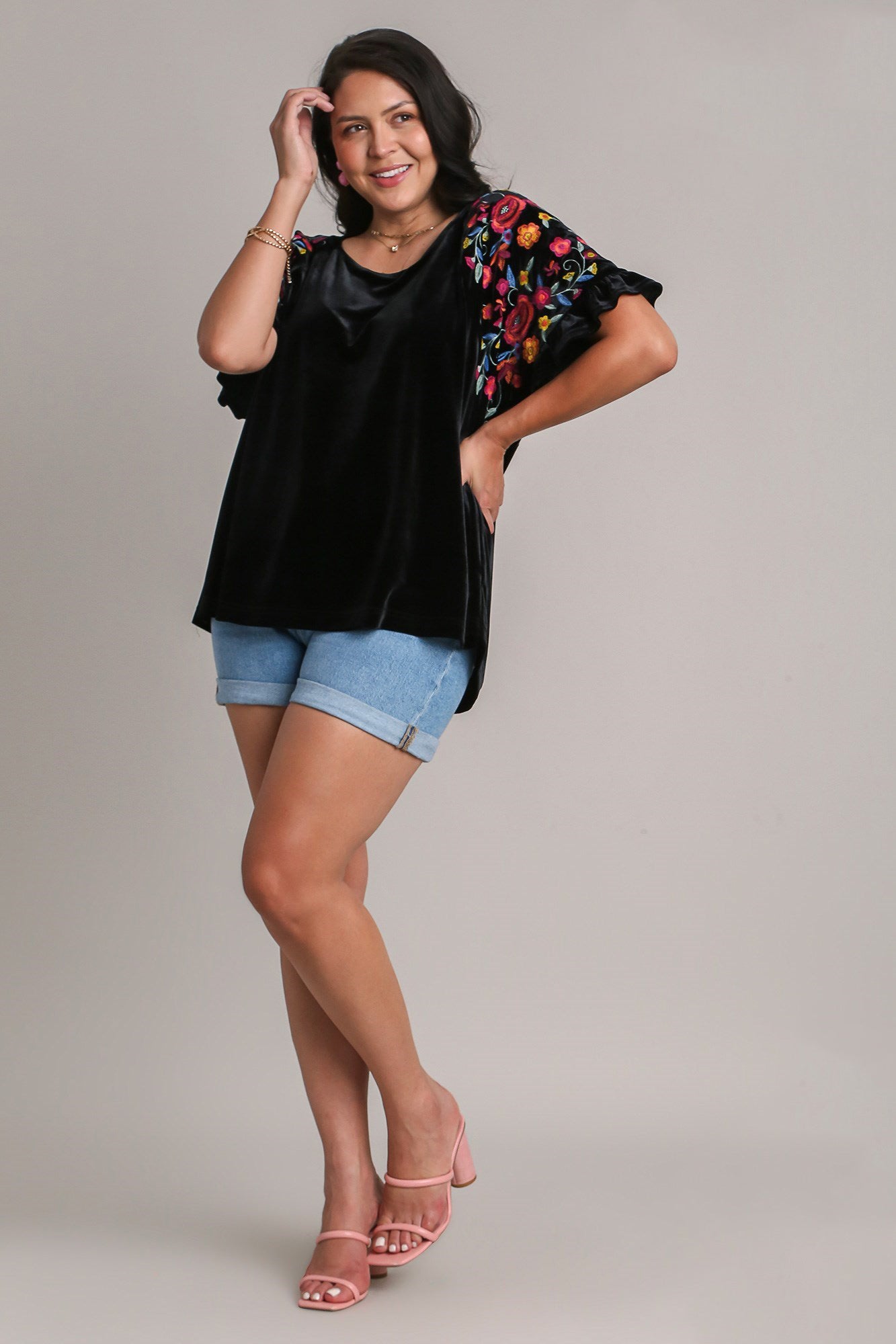 Umgee Full Size Velvet Embroidery Short Sleeve Blouse - Elegant Vintage Style