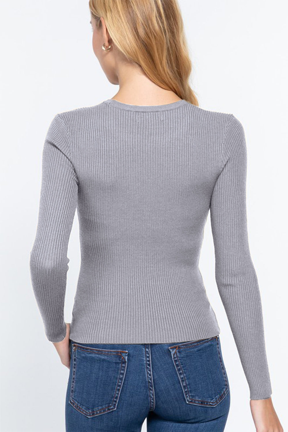 ACTIVE BASIC Ribbed Knit Long Sleeve Top - Stylish Round Neck Women's Sweater