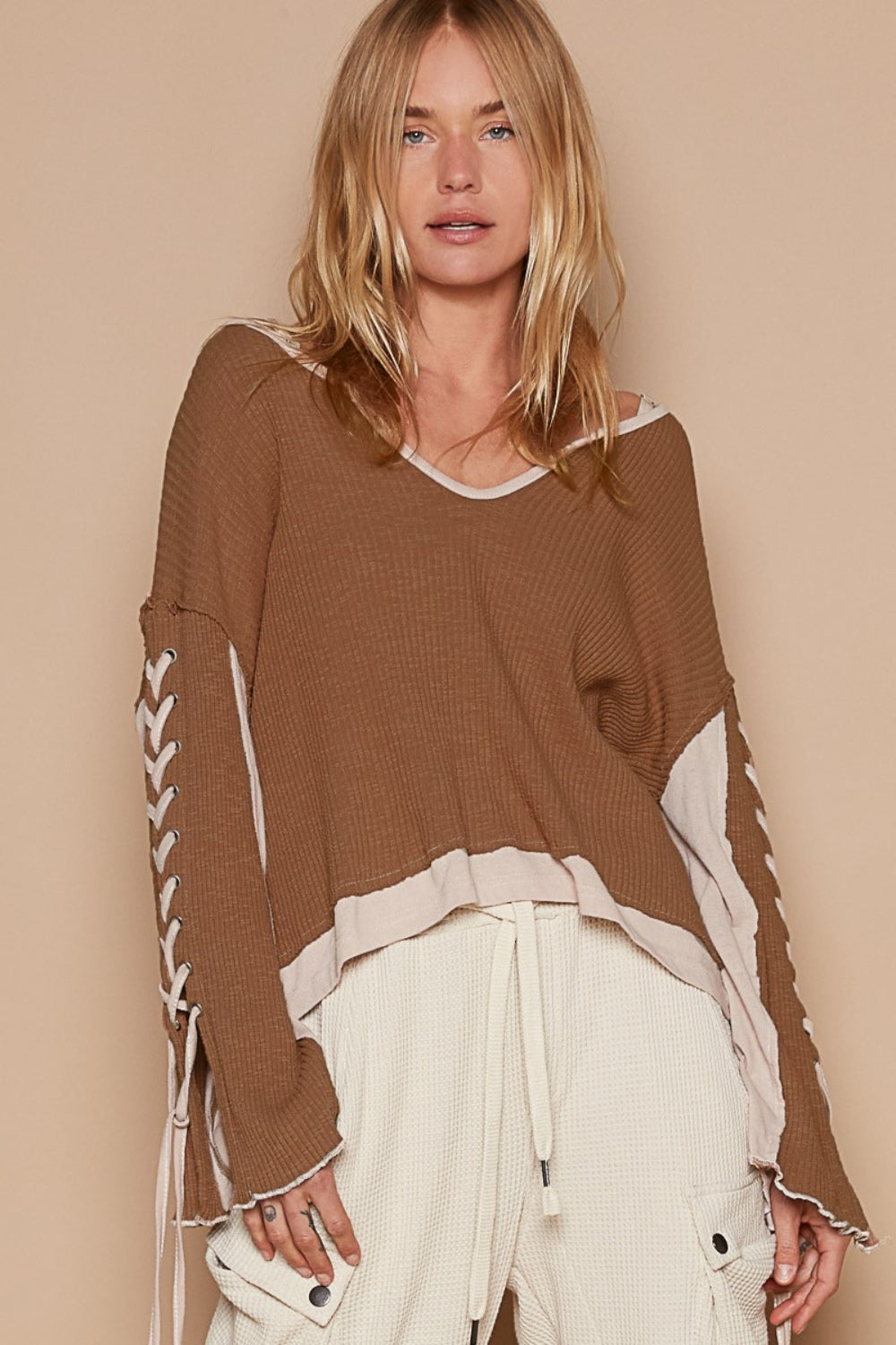 Trendy POL Lace-Up Sleeve Color Block Ribbed Knit Top for Women
