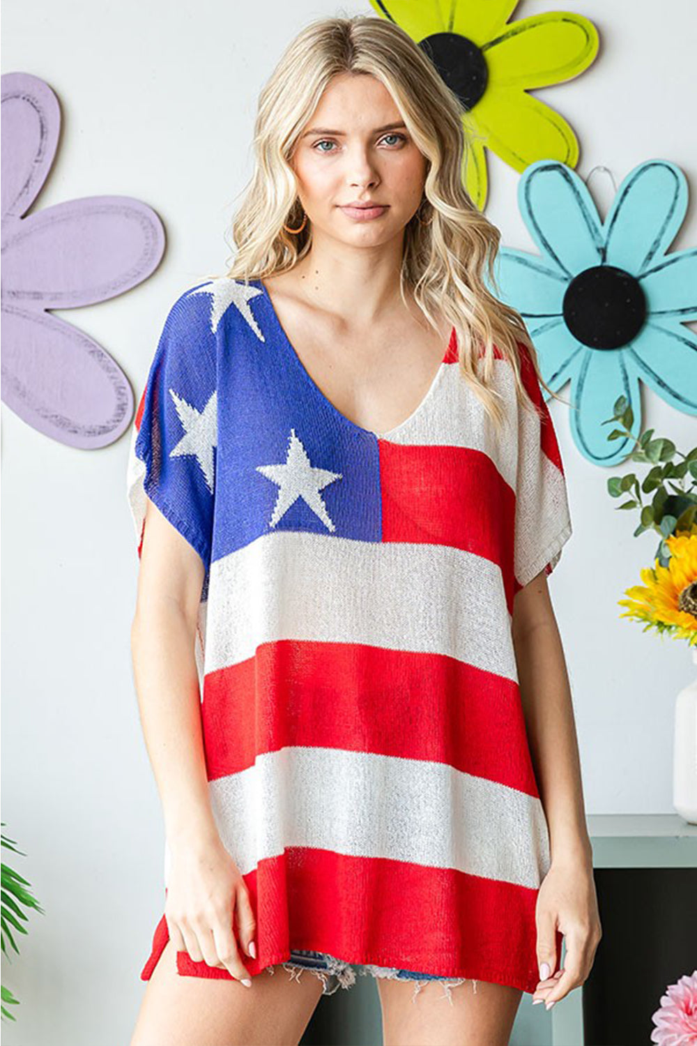 First Love USA Flag Drop Shoulder Knit Top - Patriotic Style