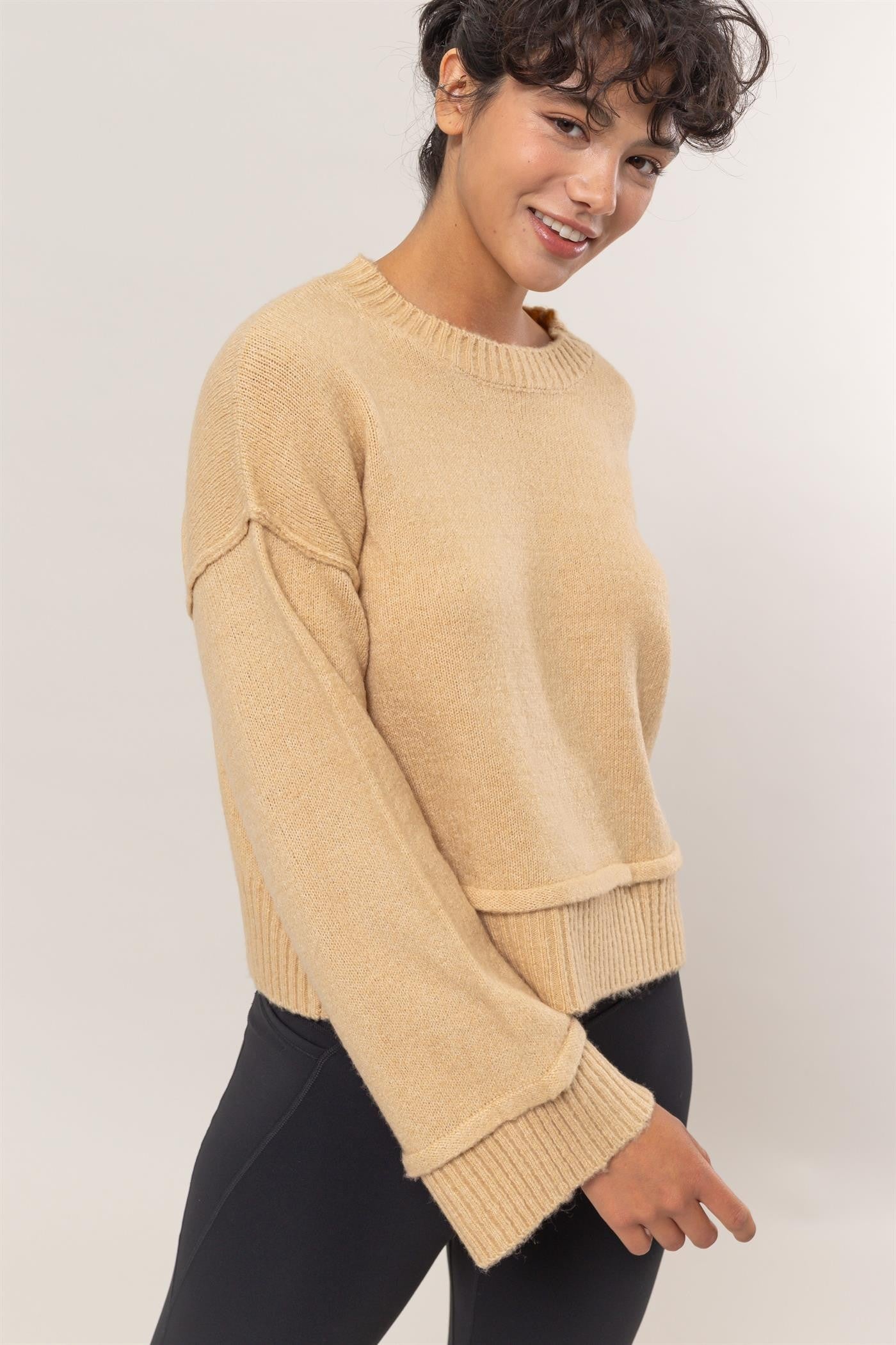 HYFVE Women's Ribbed Sweater with Round Neck and Dropped Shoulders