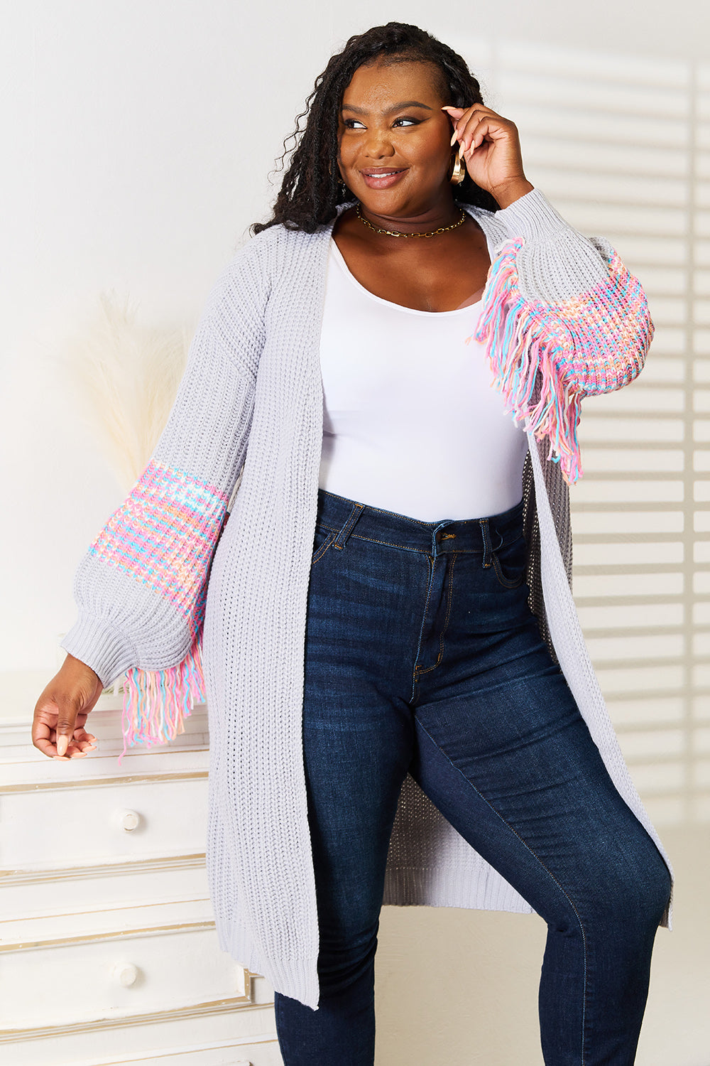 Trendy Fringe Sleeve Dropped Shoulder Cardigan - Cozy & Stylish Layer