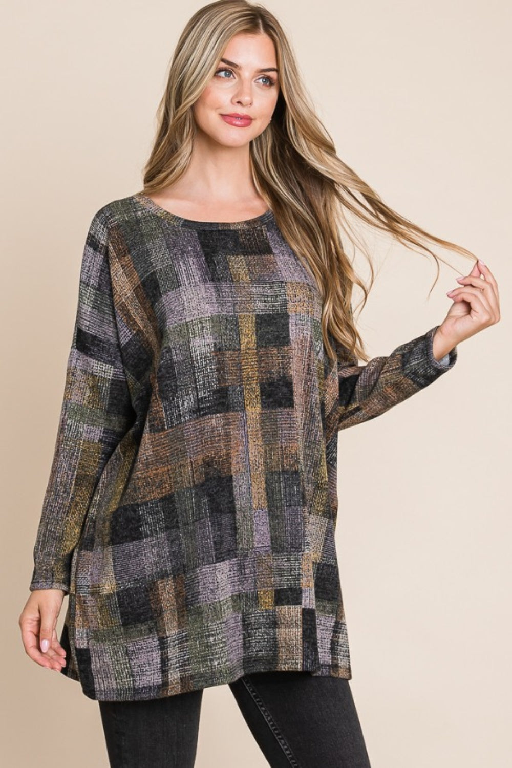 BOMBOM Women's Plaid Round Neck Long Sleeve Top - Timeless Style & Comfort