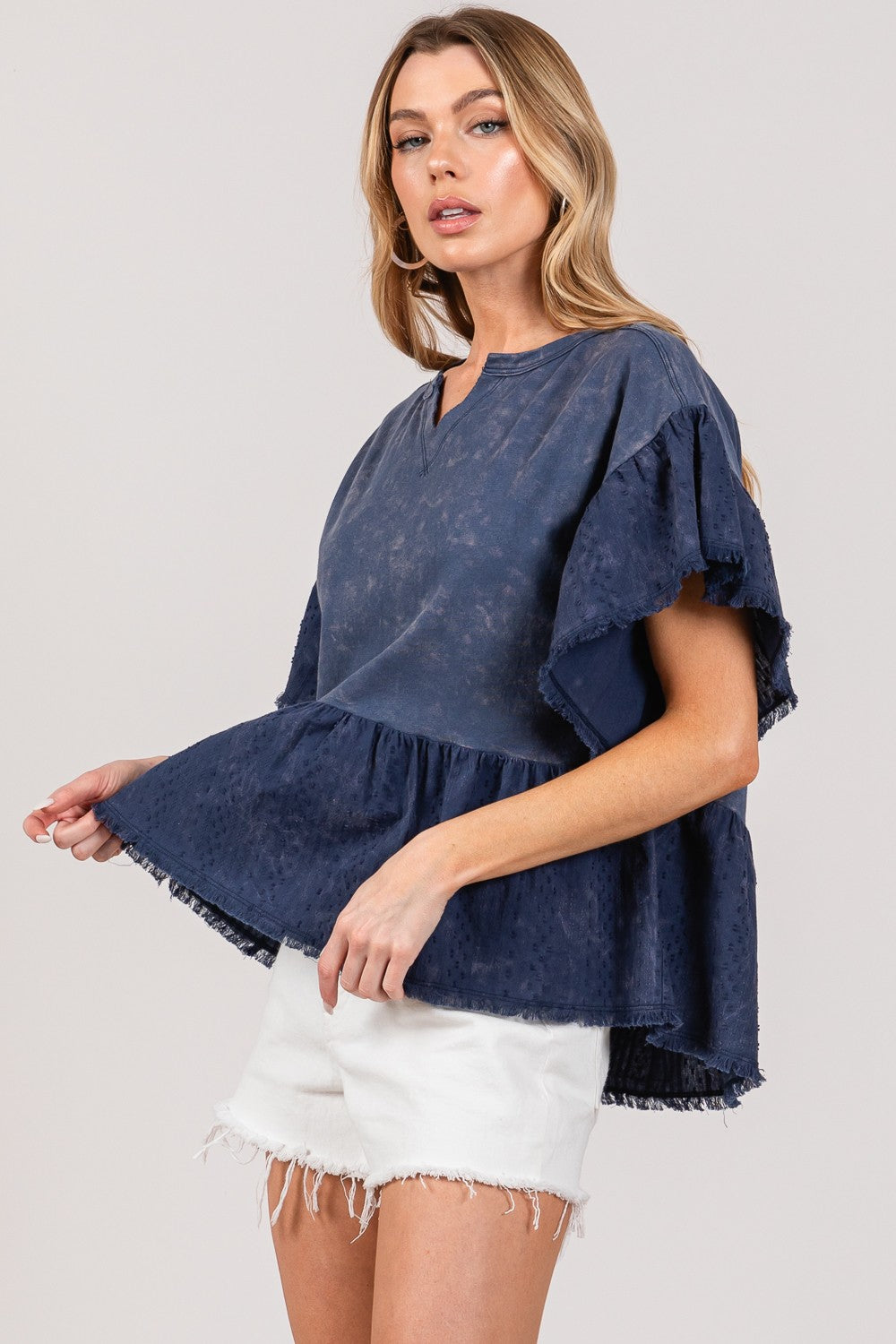 SAGE + FIG Women's Ruffle Sleeve Washed Cotton Blouse – Chic Short Sleeve Top