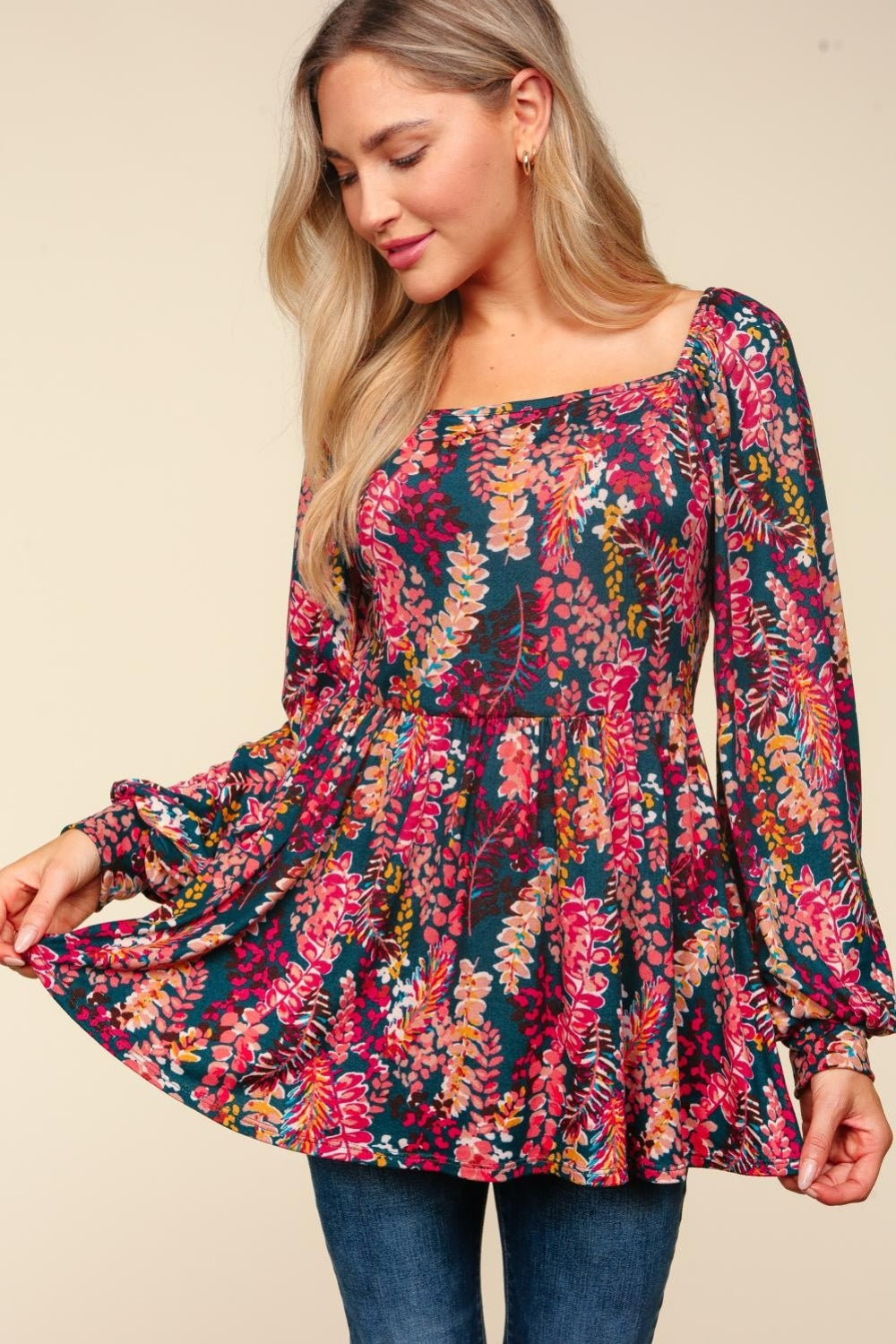 Haptics Full Size Peplum Floral Square Neck Blouse - Feminine and Flattering
