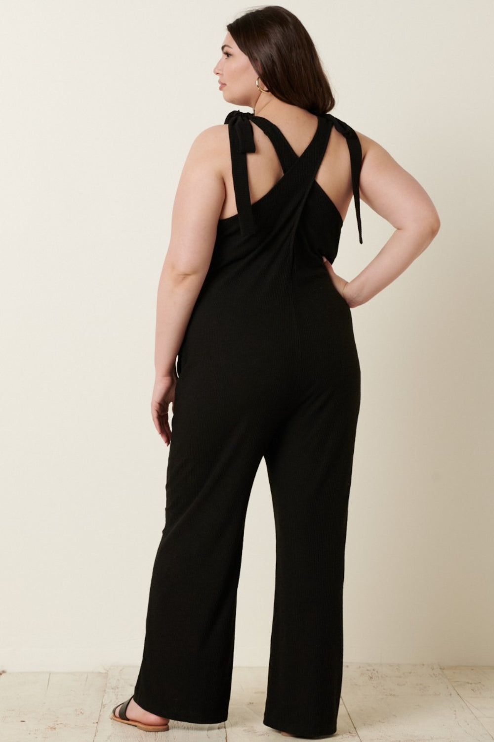 Mittoshop Women's Rib Knit V-Neck Jumpsuit with Cross Back - Trendy & Versatile