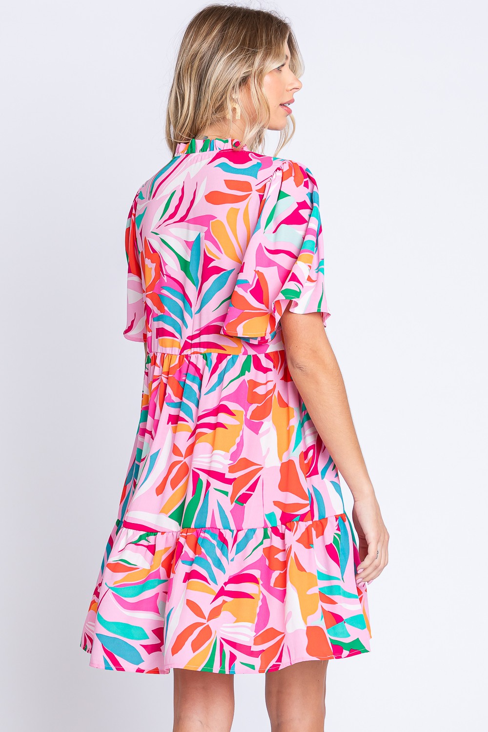 GeeGee Women's Short Sleeve Ruffle Hem Dress with Unique Print