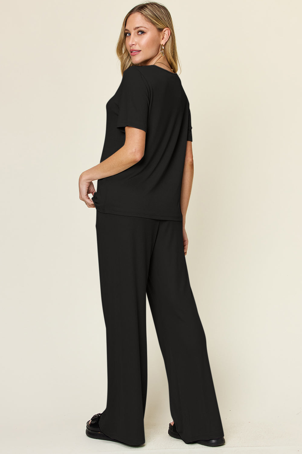 Women's Basic Style Two-Piece Set: Round Neck T-Shirt & Wide Leg Pants