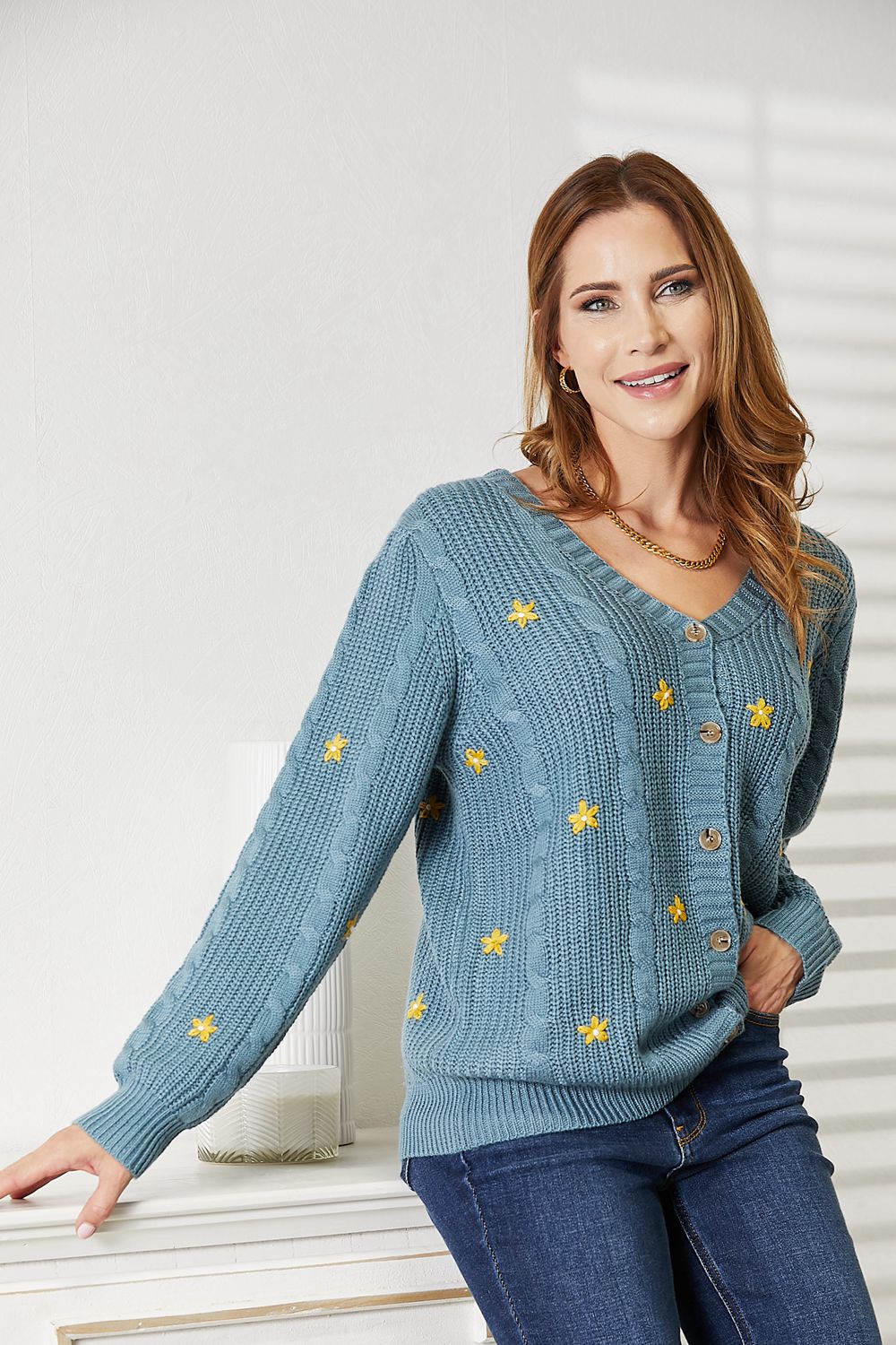 HEYSON Full Size Floral Embroidered Cable Knit Cardigan - Cozy & Elegant
