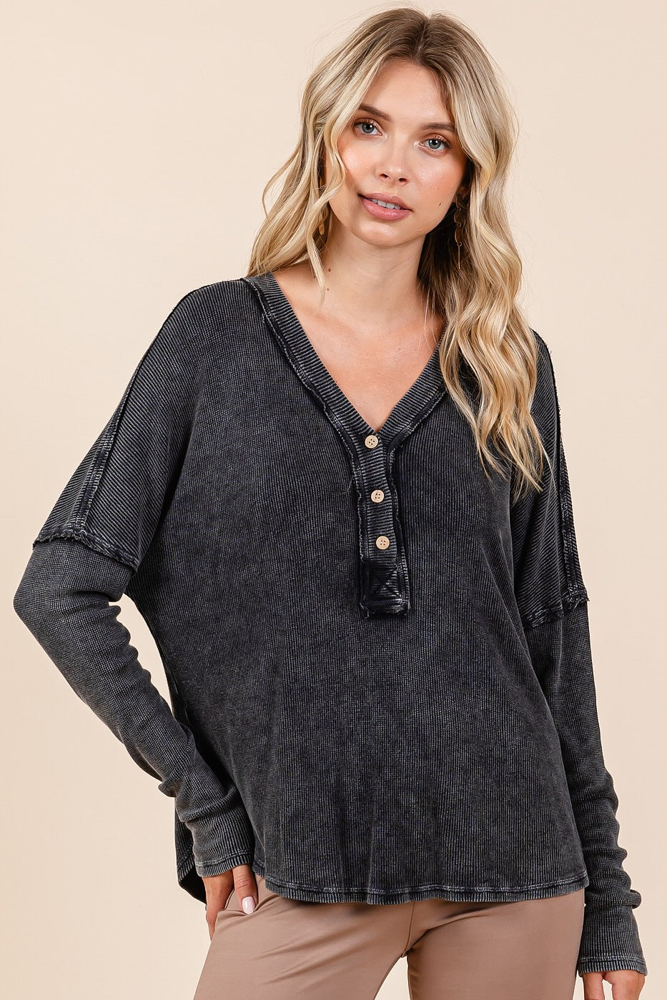 Mittoshop Women's Washed V-Neck Long Sleeve Blouse - Vintage Style, 100% Cotton