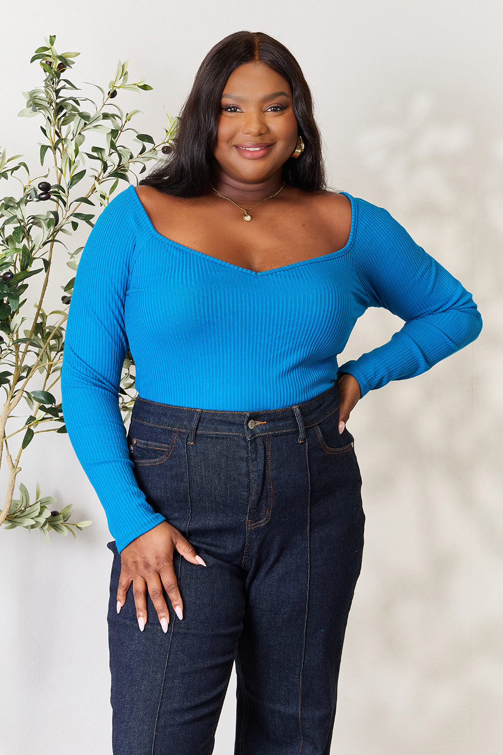 Culture Code Ribbed Knit Top with Sweetheart Neckline - Full Size