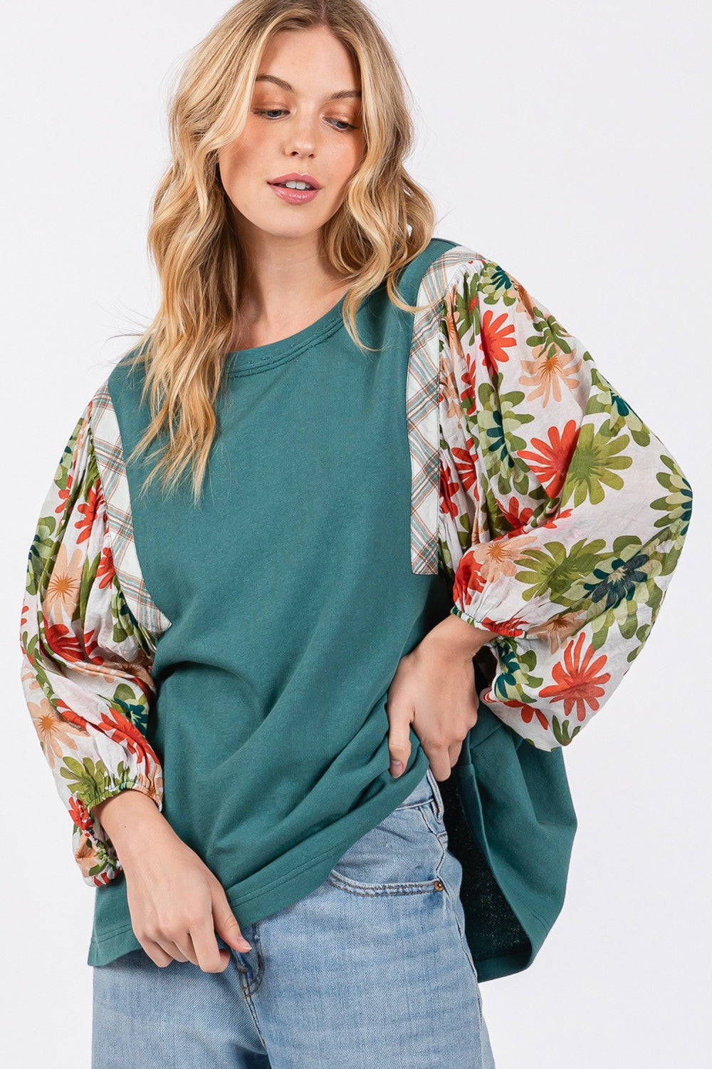SAGE + FIG Women's Full Size Balloon Sleeve Top with Unique Printed Design