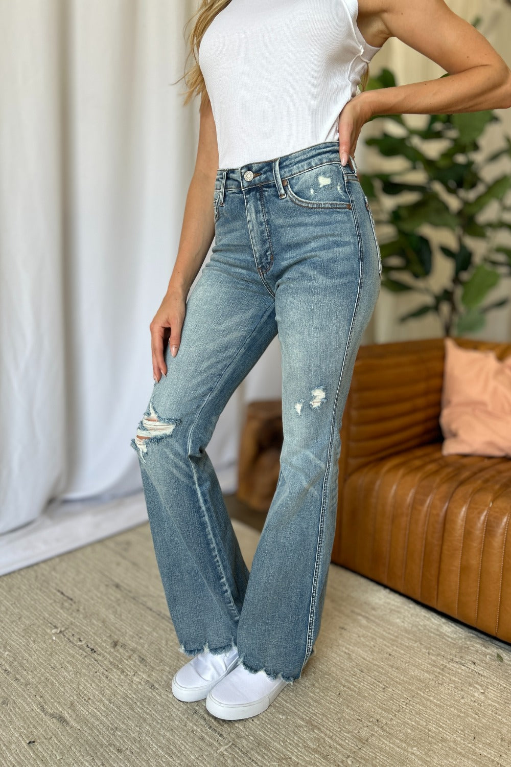 Judy Blue Women's Distressed Tummy Control Flare Jeans - Medium Rise Denim