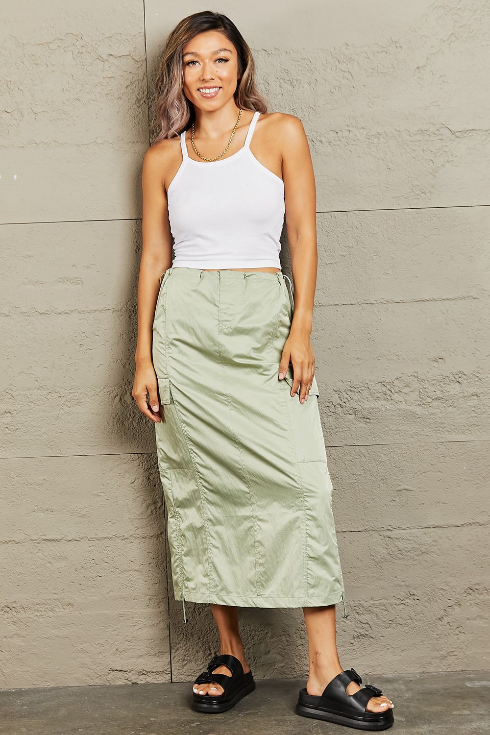 HYFVE High Waisted Cargo Midi Skirt with Elegant Scrunch Detail