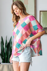 HOPELY Women's Full Size Multi-Colored Argyle Side Slit T-Shirt – Vibrant & Comfortable Style