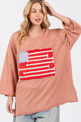 Patriotic American Flag Patch Cotton T-Shirt with Drop Shoulder Style
