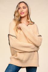 Haptics Women's Contrast Stitching Long Sleeve Hooded Sweater - Cozy Acrylic Knit Pullover