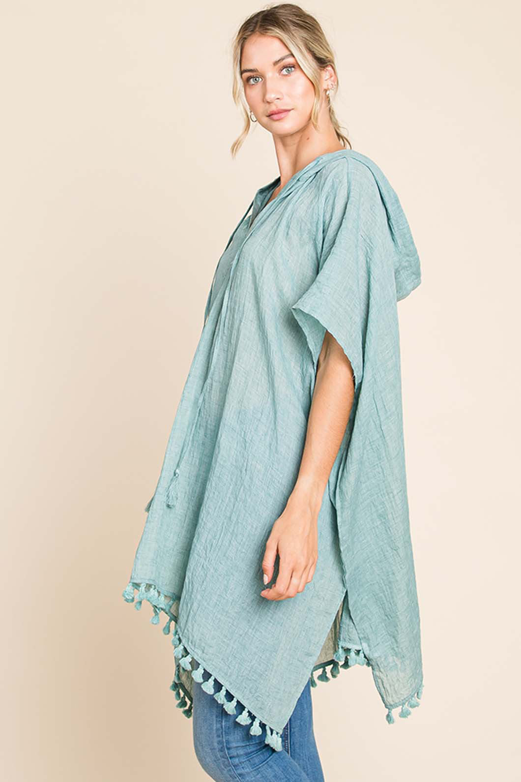 Cotton Bleu by Nu Label Tassel Hem Hooded Beach Cover Up - 100% Cotton