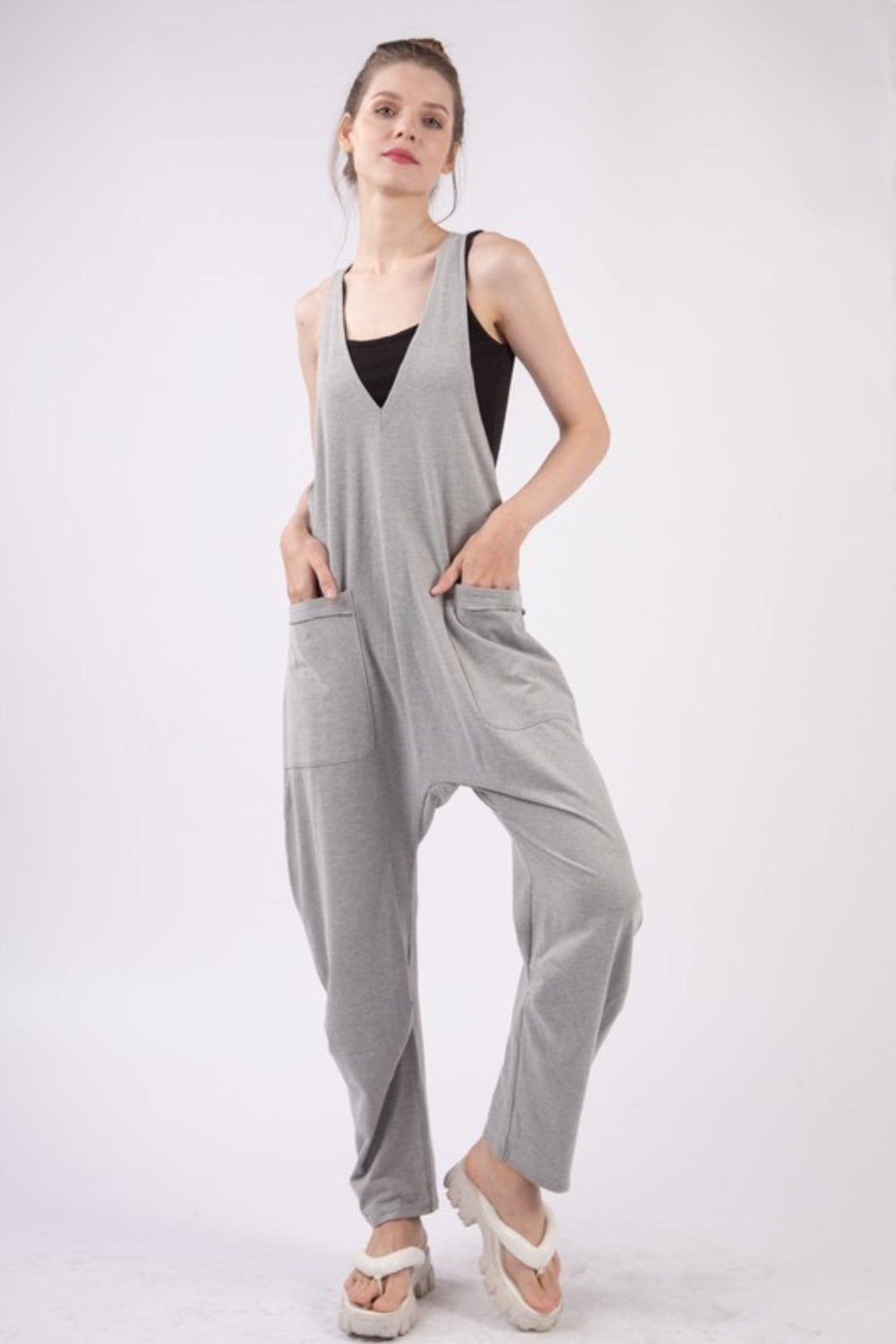 VERY J Women's Plunge Sleeveless Jumpsuit with Pockets - Trendy & Versatile