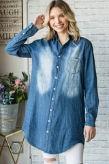 Veveret Pocketed Button-Up Washed Denim Shirt for Women - Chic & Comfortable