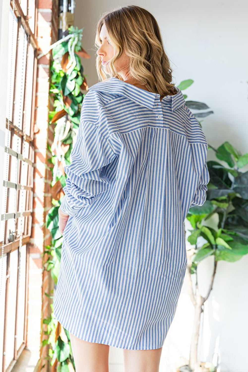 First Love Women's Striped Button Down Shirt with High-Low Hem - 100% Cotton
