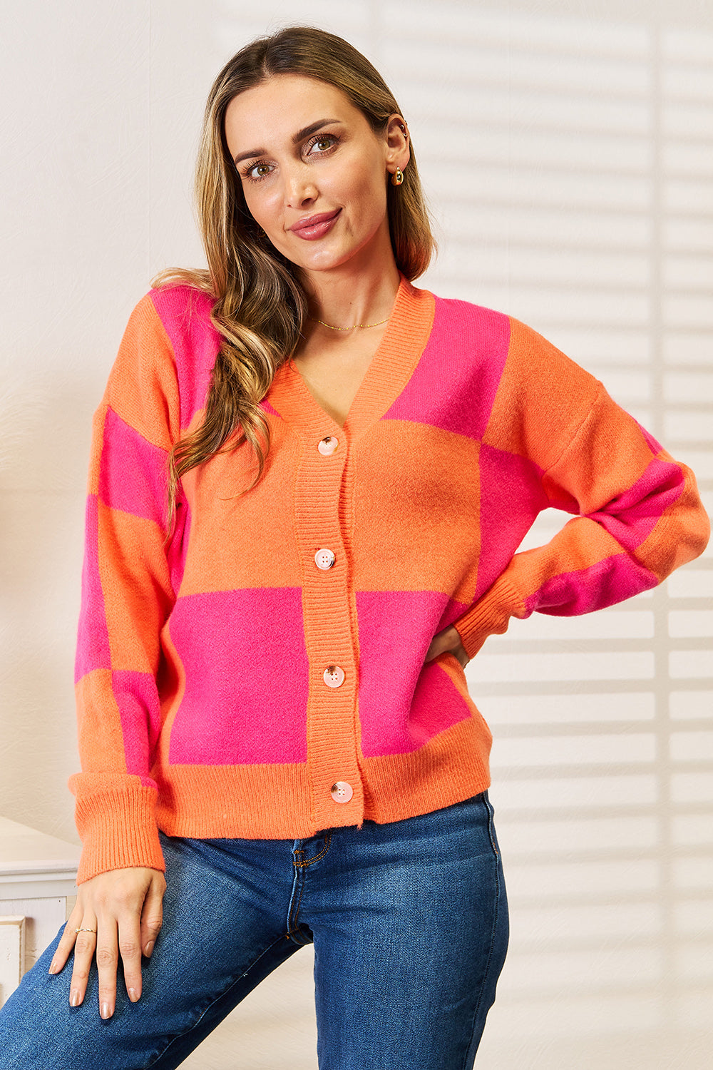 Trendy Checkered V-Neck Dropped Shoulder Cardigan for Layering