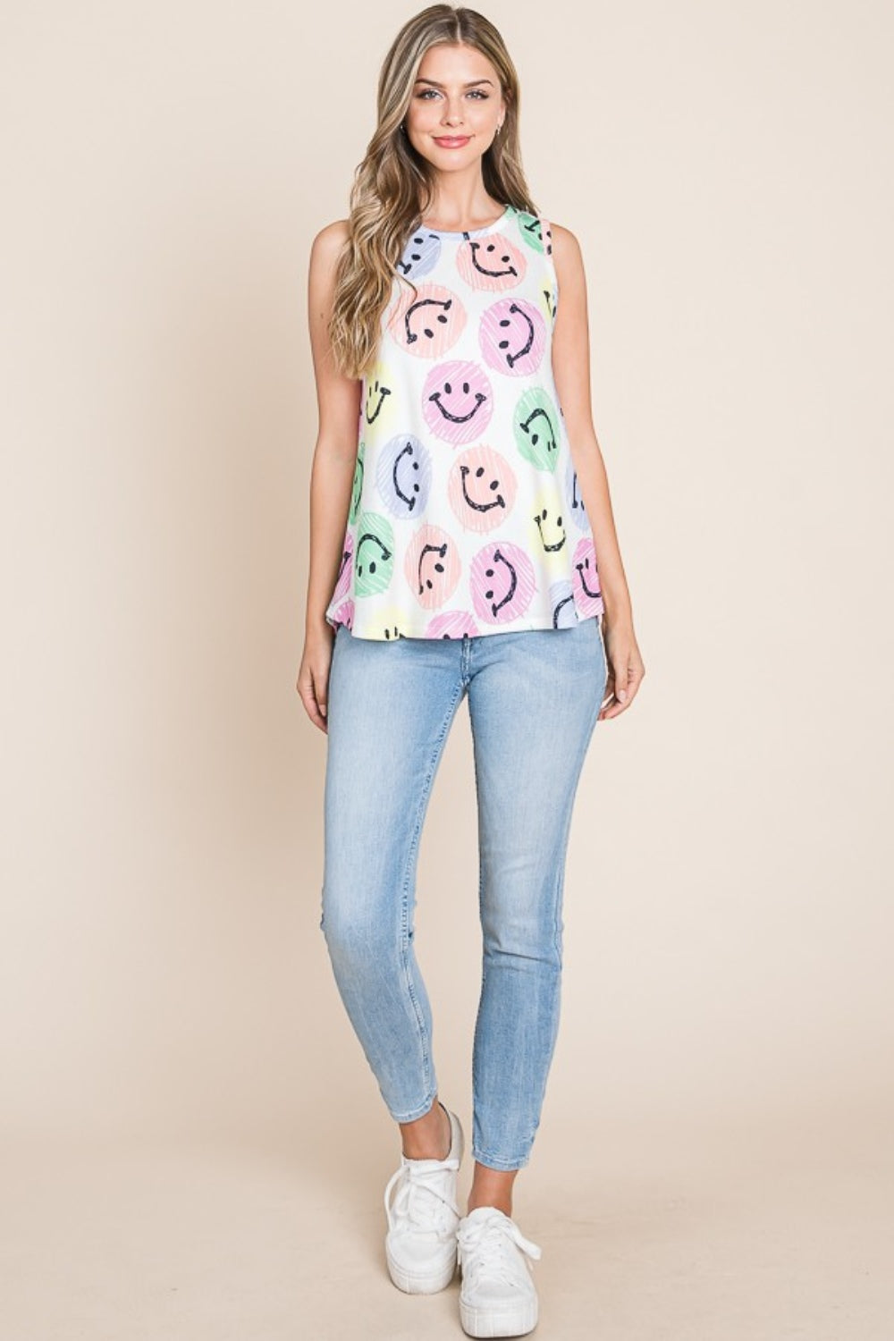 BOMBOM Smiley Face Round Neck Tank Top – Cute & Comfortable Casual Wear