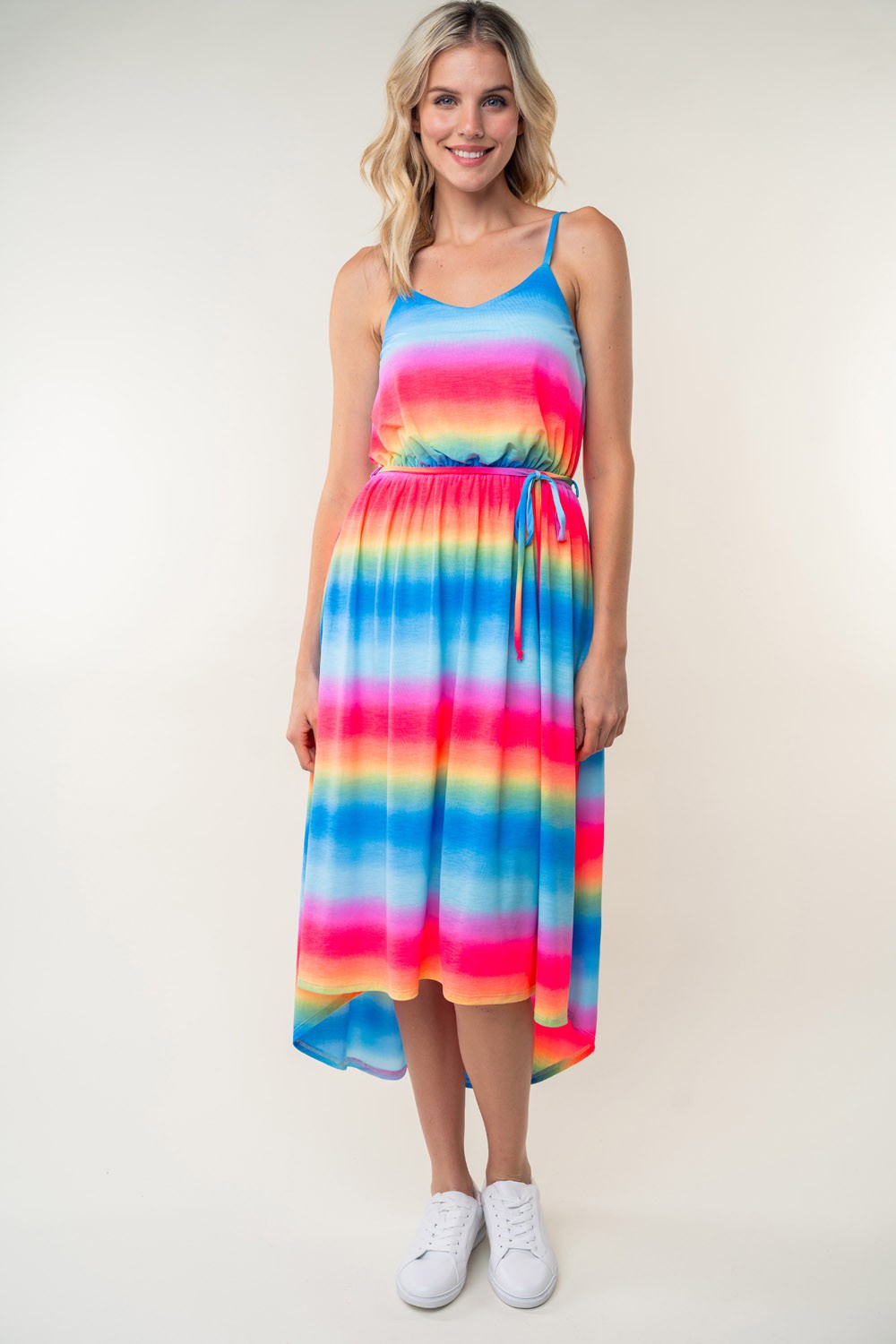 White Birch Ombre Striped Midi Cami Dress with High-Low Hem and Pockets
