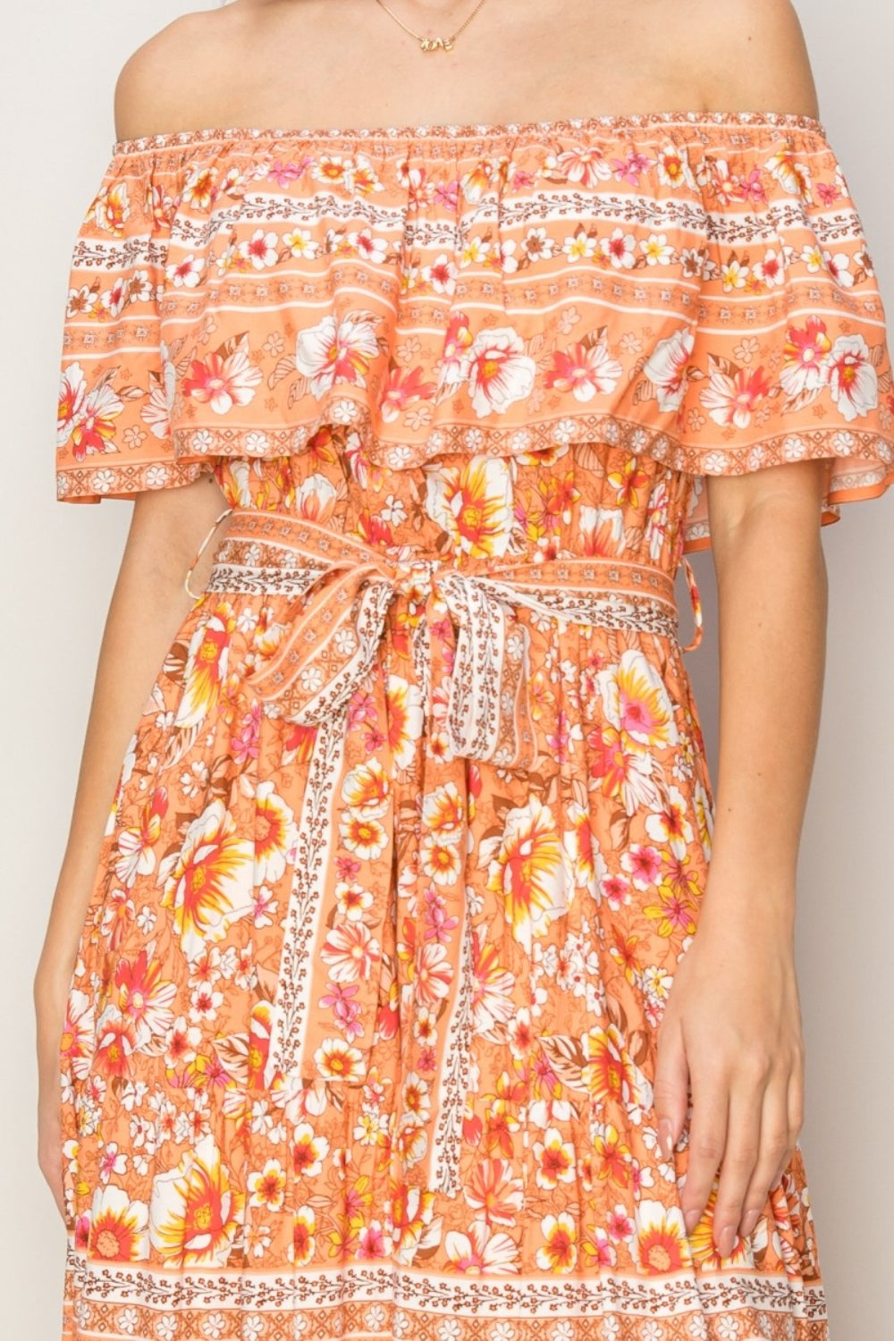 HYFVE Floral Off-Shoulder Tie Front Maxi Dress - Elegant Event Wear