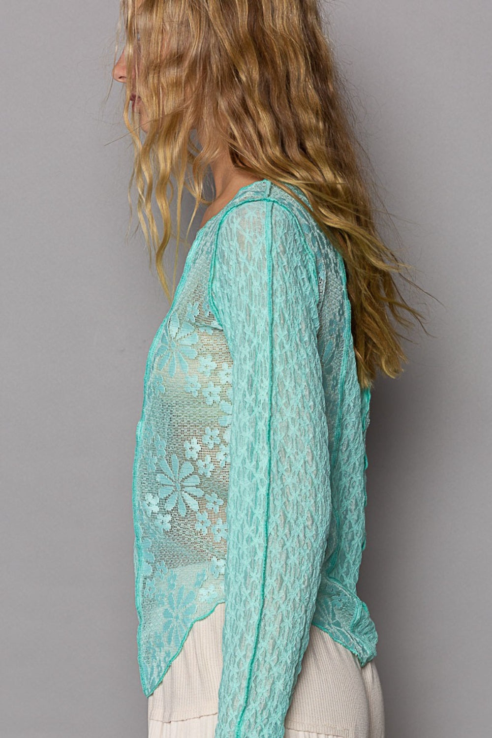 POL Exposed Seam Lace Knit Long Sleeve Top - Elegant & Versatile