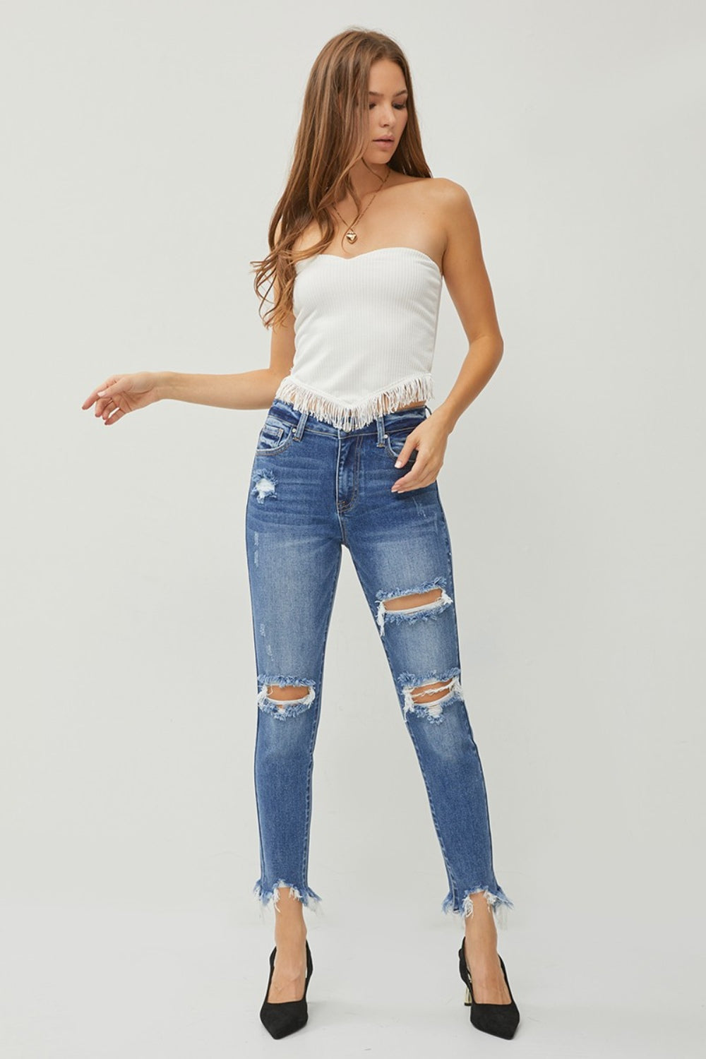 RISEN Distressed Frayed Hem Slim Jeans - Trendy High-Quality Denim