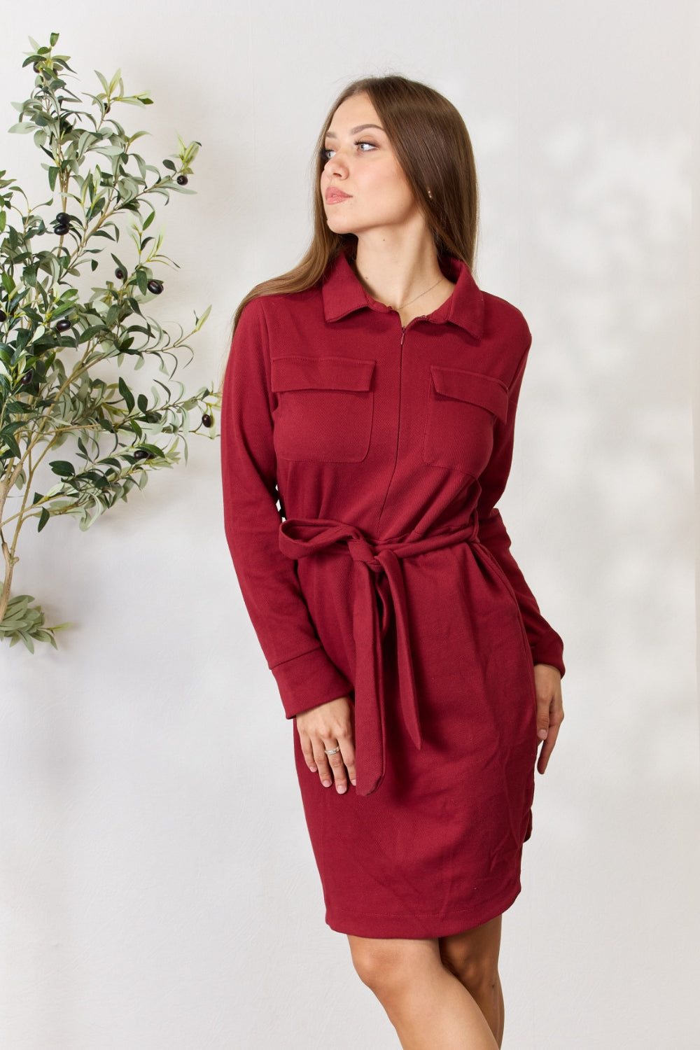 Culture Code Full Size Tie Front Half Zip Long Sleeve Shirt Dress for Effortless Style