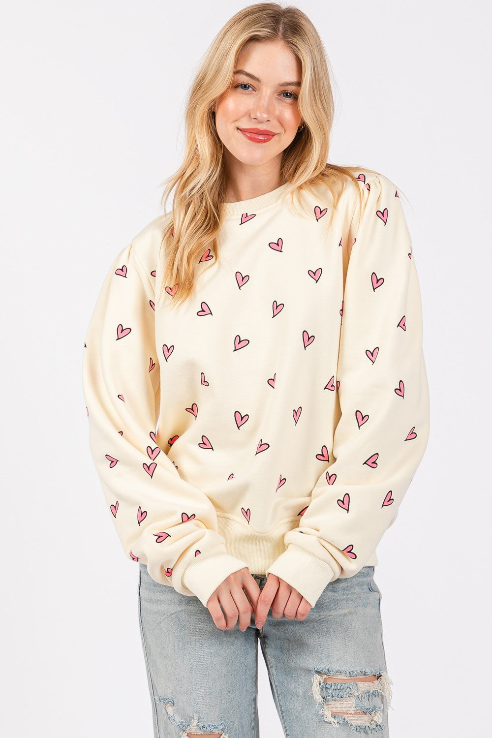 Cozy Heart Print Oversized Crewneck Sweatshirt - SAGE + FIG