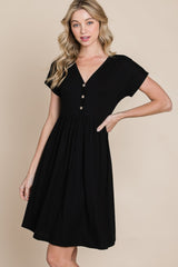 BOMBOM Women's V-Neck Dress with Button Detail - Elegant, Versatile & Comfortable