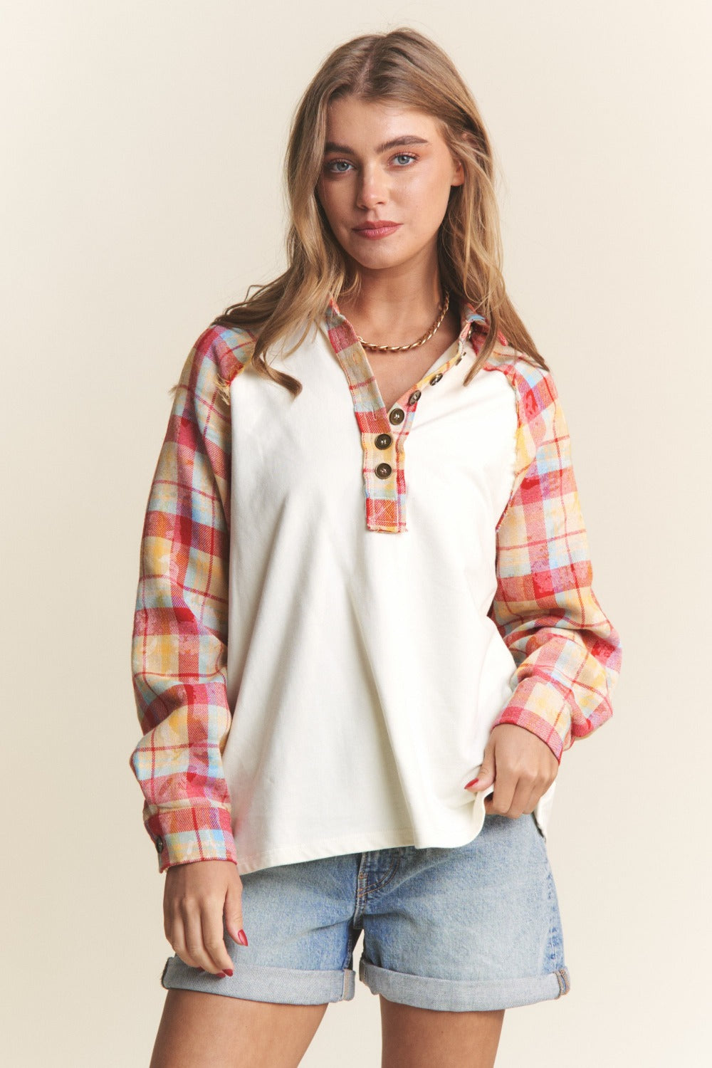 J.NNA Women's Plaid Button Down Henley Top - 100% Cotton Casual Chic