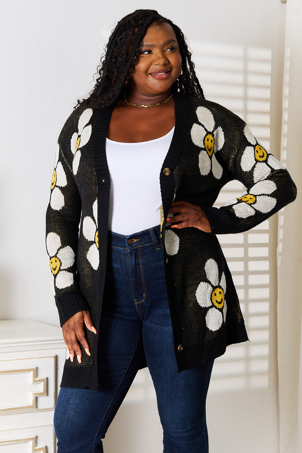 Stylish Floral Button Down Longline Cardigan with Ribbed Design