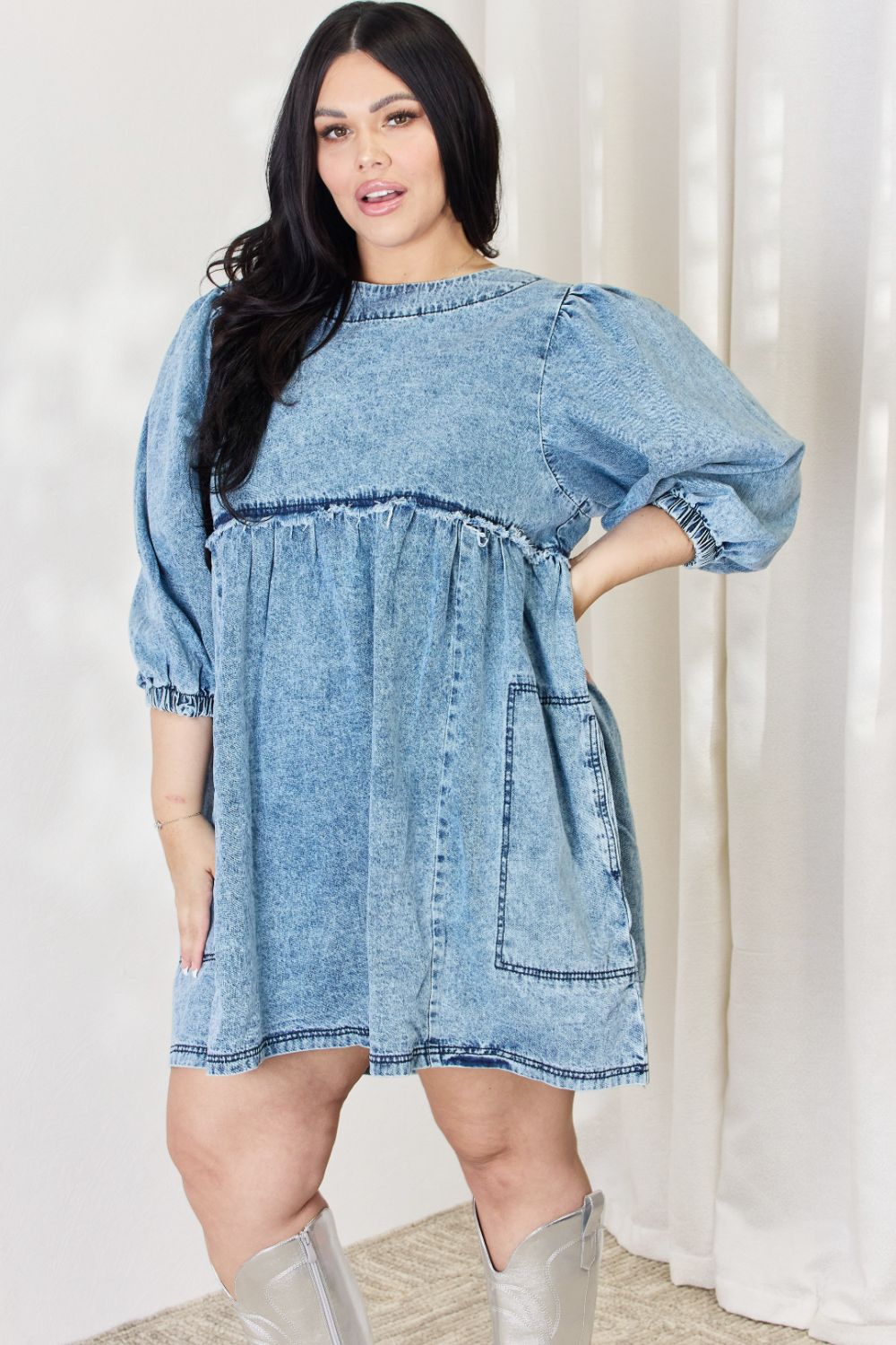 HEYSON Oversized Denim Babydoll Dress - Full Size Trendy Balloon Sleeve