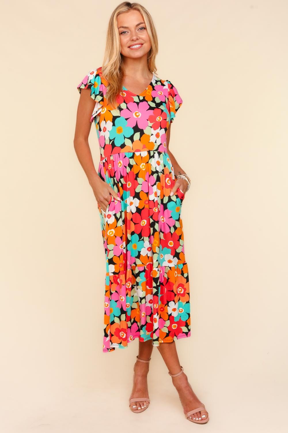Haptics Floral Midi Dress with Side Pockets - Versatile Spring & Summer Fashion