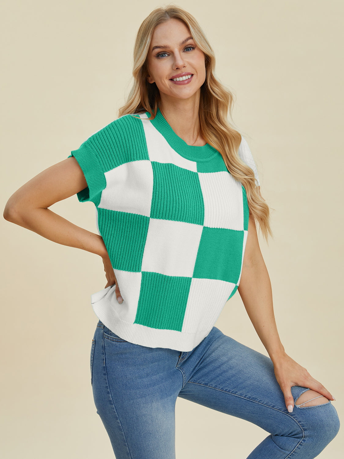 Stylish Checkered Round Neck Short Sleeve Sweater - Double Take Collection