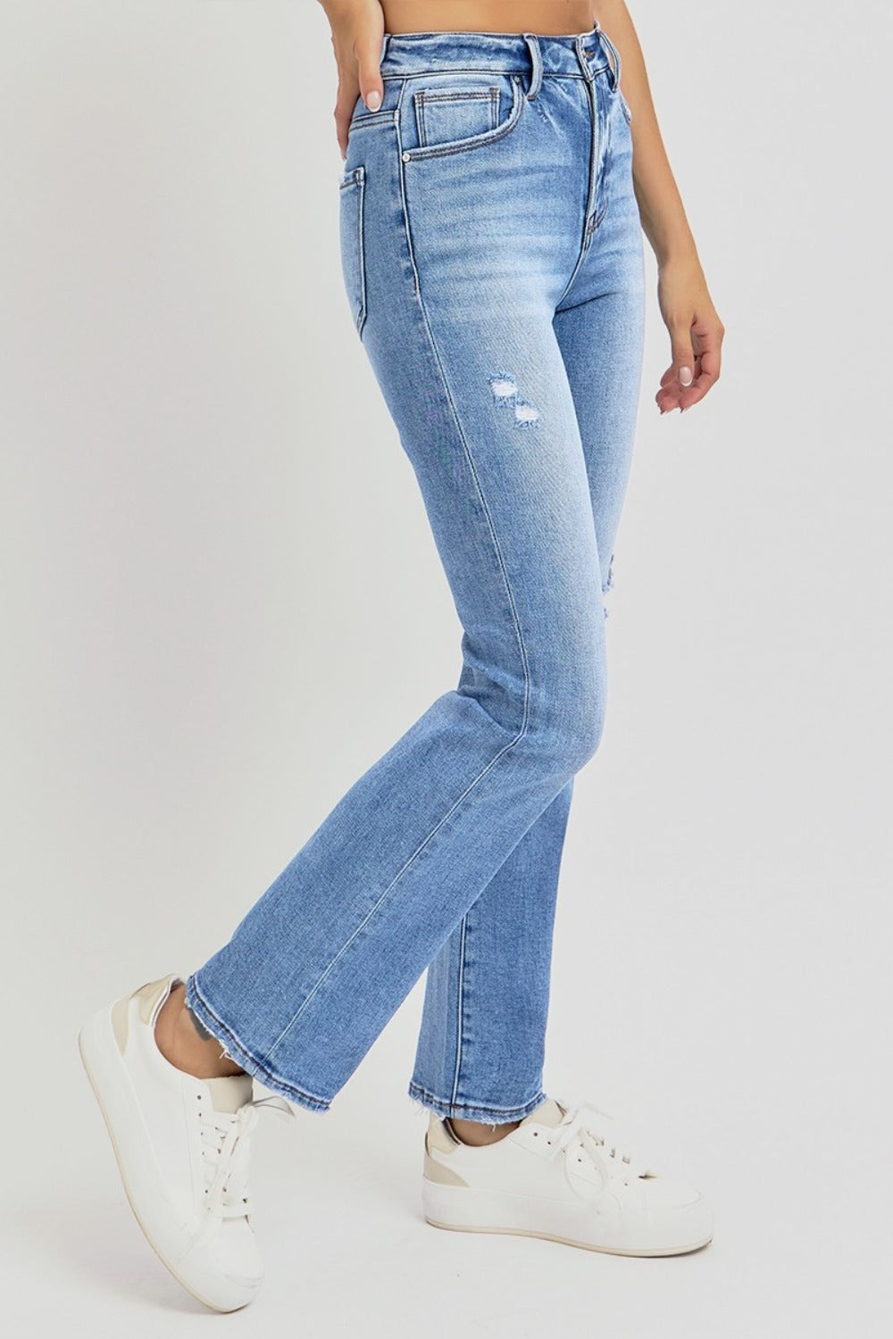 RISEN Women's Distressed High-Rise Ankle Straight Jeans - Chic Vintage Style with Comfort