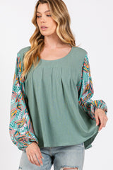 SAGE + FIG Women's Ruched Round Neck Bubble Sleeve Cotton Top
