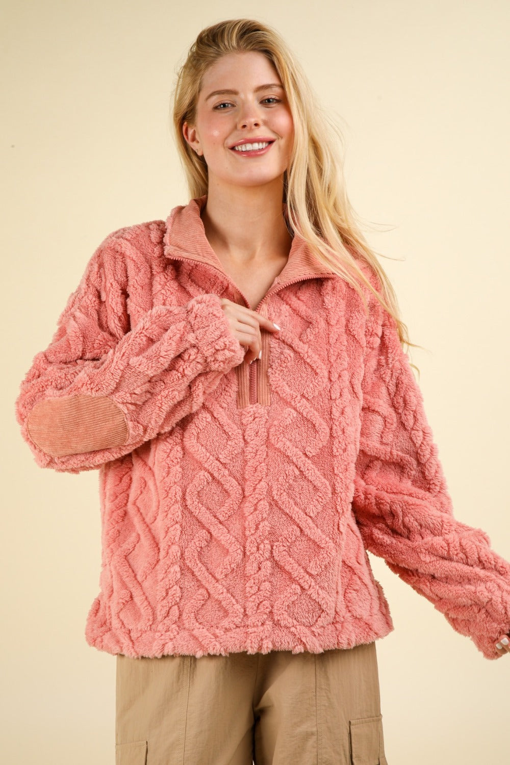 VERY J Women's Cozy Fuzzy Fleece Half Zip Sweatshirt with Cable Pattern & Corduroy Elbow Patches