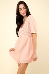 VERY J Lace Detail Puff Sleeve Romper with Pockets - Romantic Cotton Style