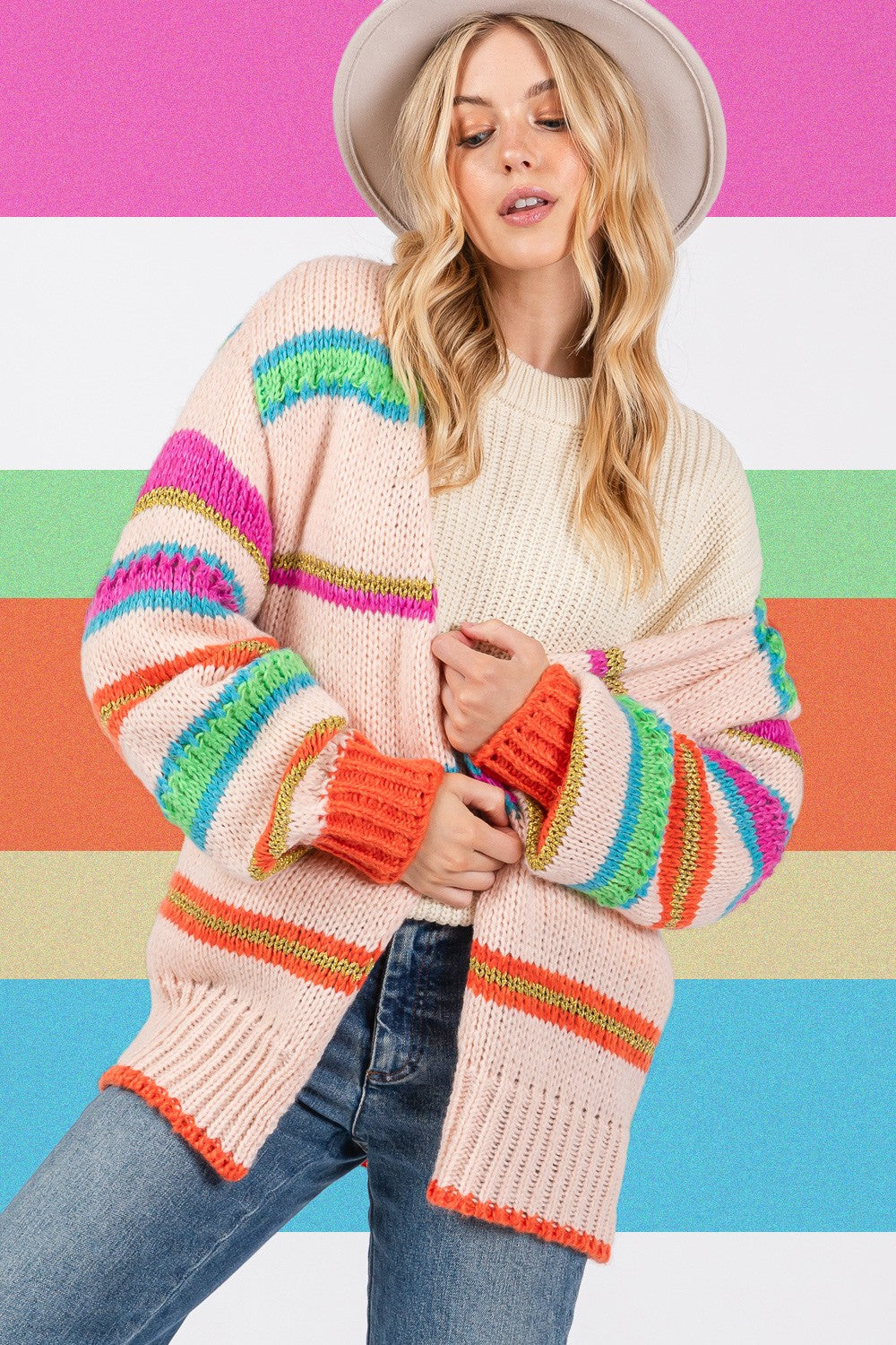 SAGE + FIG Women's Rainbow Striped Knit Cardigan - Stylish Open Front